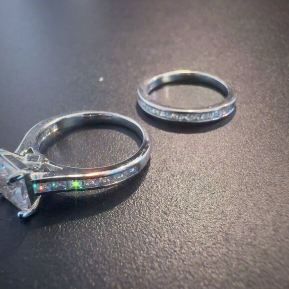 2 PC Wedding Set With Princess Cut CZ Engagement & Eternity Band Ring In Sterlin - Picture 2 of 8